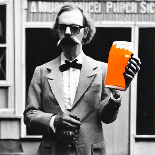 Image similar to hugh hopper with a handlebar moustache holding a great big orange and a diet pepsi sitting on a street corner