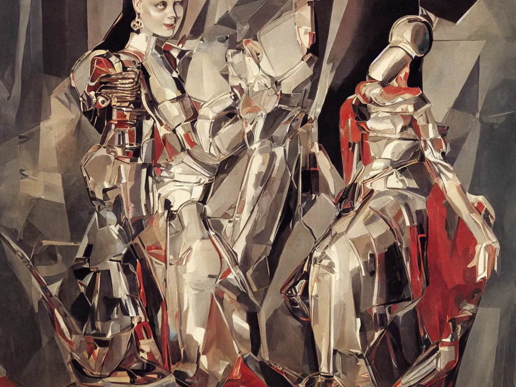 Image similar to a Royal portrait of chrome android woman as illustrated by Nikolai Lutohin. 1971