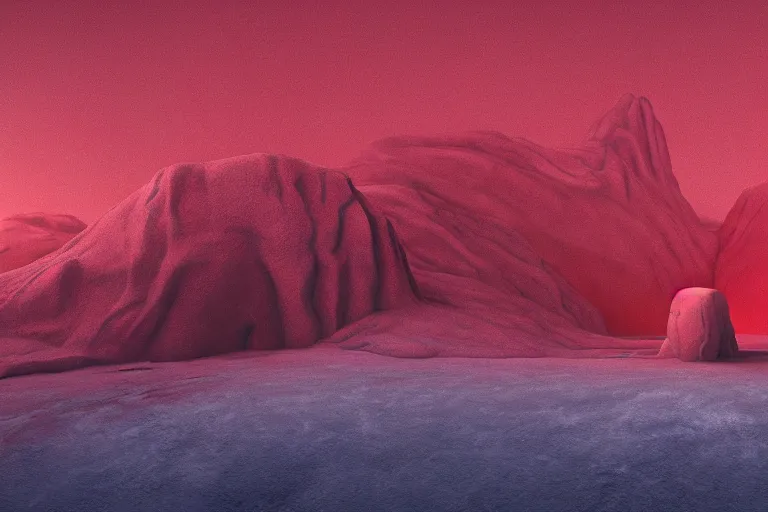 Image similar to a hd render of a surreal frozen landscape, cinematic lighting, by beeple and zdzisław beksinski, red color scheme