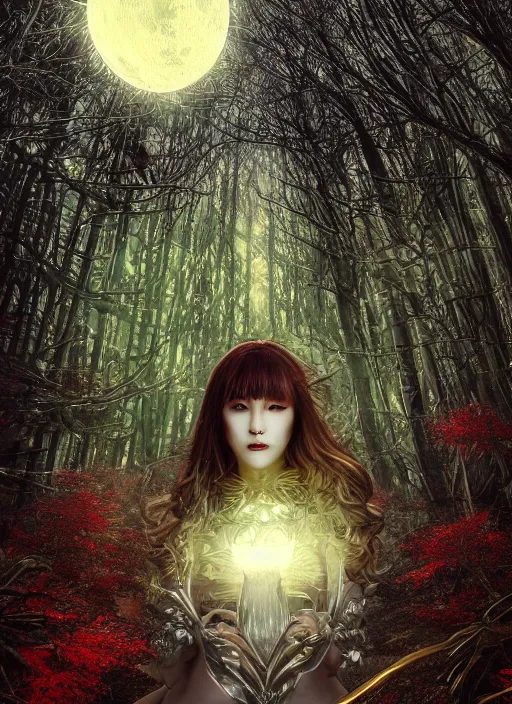 Image similar to glowing silver and golden elements, full close-up portrait, A beautiful dark witch in front of the full big moon, book cover, green forest, red white black colors, establishing shot, extremly high detail, foto realistic, cinematic lighting, pen and ink, intricate line drawings, by Yoshitaka Amano, Ruan Jia, Kentaro Miura, Artgerm, post processed, concept art, artstation, matte painting, style by eddie, raphael lacoste, alex ross