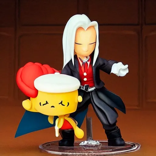 Prompt: sephiroth dancing with mr. peanut eating lasagna, mood lighting, renaissance, beautiful, extremely detailed, action figure