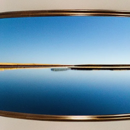 Prompt: a still plain which is a large mirror encompassing everything up to the horizon, with a blue sky above it and perfectly reflected within it
