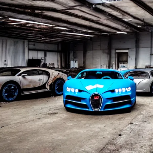 Image similar to an abandoned, derelict, rusty bugatti chiron in a dirty warehouse