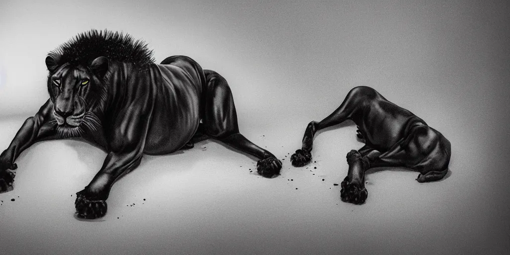 Image similar to a black lioness, made of ferrofluid, viscous, sticky, full of ferrofluid, laying on the white couch, covered with black goo. photography, dslr, realism, animal drawing, color, rim - light, wrinkles, reflections, wildlife photography, ferrofluid