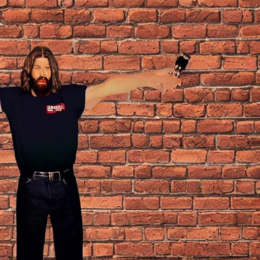 Prompt: Photo still of Jesus Christ in 1990s clothing doing a stand-up routine in front of a brick wall in a dimly lit comedy club, in the style of the TV show Seinfeld (1994)