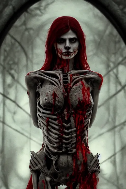 Image similar to woman black skeleton body covered with blood, alexandra daddario face, long red hair, ultra realistic, concept art, intricate details, highly detailed, photorealistic, octane render, 8 k, unreal engine. retro film still, heavy grain, 3 5 mm, art by artgerm and greg rutkowski and alphonse mucha