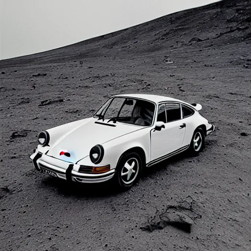 Image similar to vintage photo of a porsche 911 on the moon. apollo moon landing