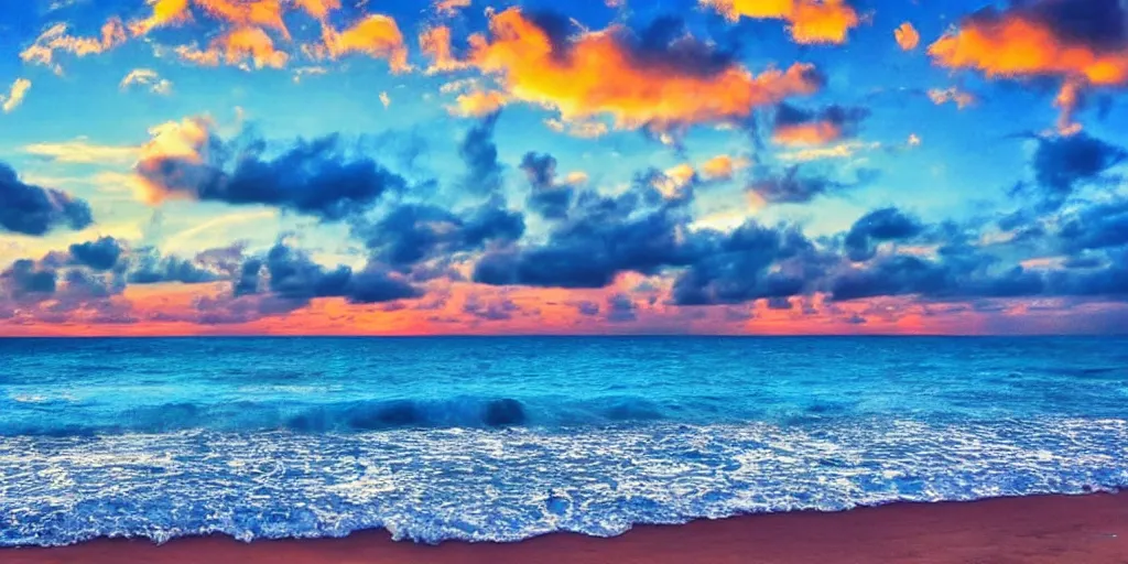 Prompt: a beautiful picture of the ocean, the sunset of the sea at eight o'clock in the evening, the sparkling light blue sea water, the stars shining, the beach, many golden twinkling crystal covering the beach, the sunset, the beautiful colorful clouds hd