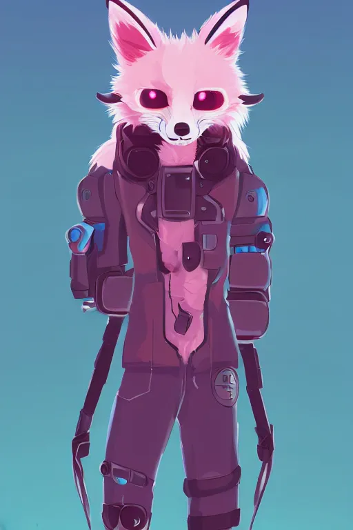 Prompt: a cute cyberpunk anthropomorphic fox with pink fur and blue eyes and a fluffy tail, comic art, trending on furaffinity, cartoon, kawaii, backlighting, furry art!!!, cel shading, concept art, lineless