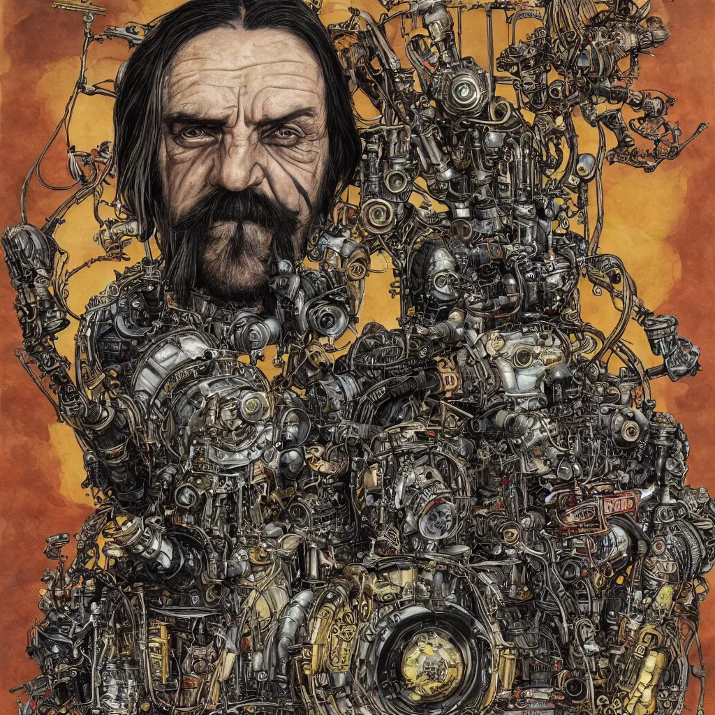 Image similar to A dramatic full-color art nouveau and ironpunk styled bust panorama portrait of lemmy kilmister as an dieselpunk engine tank king of the universe, hyperdetailed mixed media artwork combining the styles of Travis Charest, Michael Kaluta and Bill Sienkiewicz, vast power, perfectly symmetrical facial features, 8k, deeply hyperdetailed, cinematic lighting, realistic mechanical details, 8k, UHD, HDR