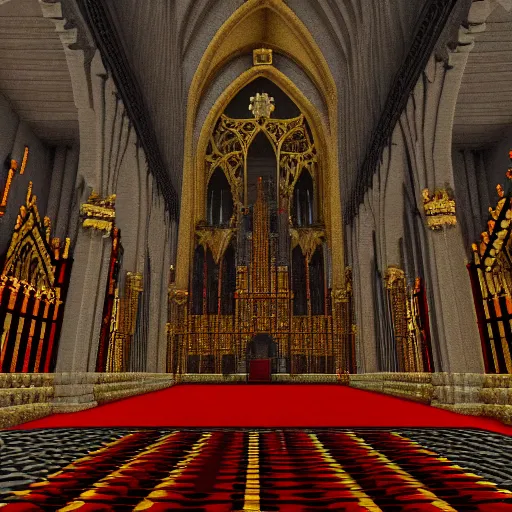 Prompt: hyper detailed interior of a gothic cathedral with deep red black and gold accents, elaborate altar in the center with balconies along the side, in the style of minecraft