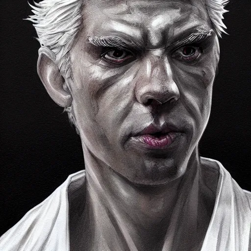 Prompt: a full-body portrait of a white haired parted through the middle man, all-black eyes, wearing white kimono with black shirt underneath, D&D, sci-fi, elegant, hopeful, muscular, highly detailed, digital painting, artstation, concept art, smooth, sharp focus, illustration