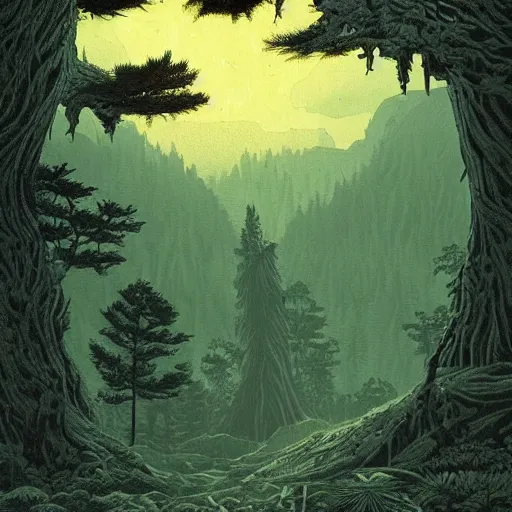 Image similar to ancient woodcut fern that depicts the forest, surrounded by mountains and clouds and thickets, at night. style of greg rutkowski and darek bonestell. trending on artstation. by raphael okamoto and thomas jones