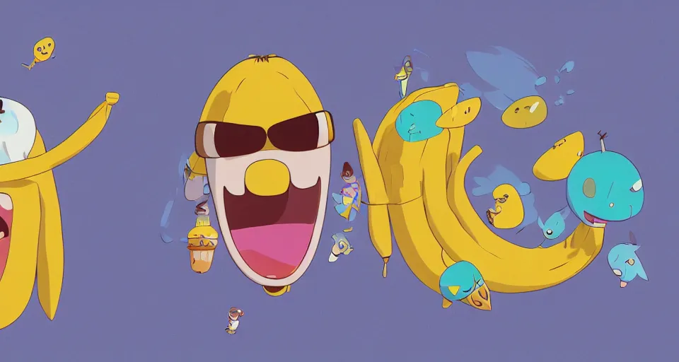 Image similar to portrait photography of cartoon bananas with wings and beaks, swimming in ice cream, in the style of adventure time, the amazing world of gumball, pixar, toki doki, greg rutkowski and makoto shinkai, trending on artstation