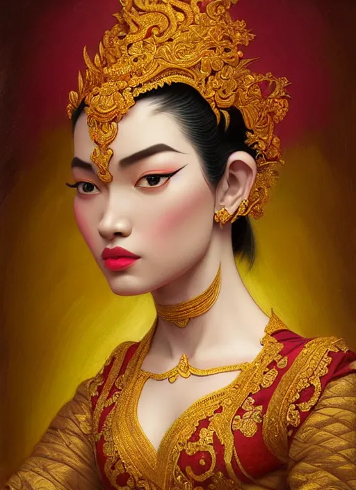 Image similar to javanese traditional dance, surealism, aesthetic, shiny, fantasy, intricate, elegant, extremely higly detailed, digital painting, artstation, face perfect, baroque, body perfect, concept art, octane render, cycles render, smooth, sharp focus, full body focus, illustration, digital painting, art by artgerm and greg rutkowski and alphonse mucha