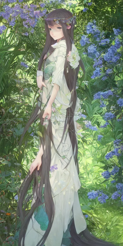 Image similar to a digital art of a loli with long hair in a dress in the privet garden at after noon, green and warm theme, blue accents, by krenz cushart and mucha and akihito yoshida and greg rutkowski and makoto shinkai, low angle, back lighting, detailed eyes, 4 k resolution, trending on art station