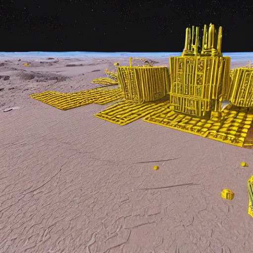 Image similar to a technical blueprint, voxel based world, space mining station on the surface of mars, myriad of interconnected yellow drop pod structures, connected via tubes