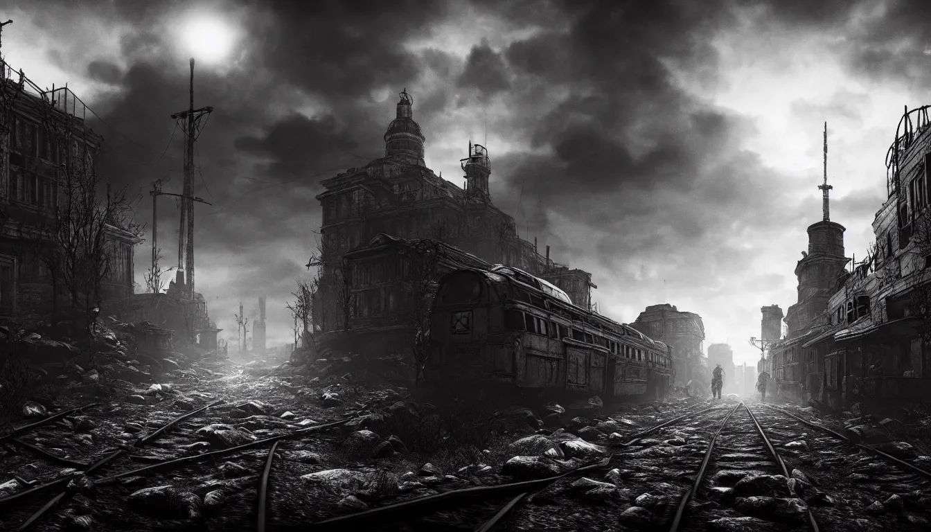 Image similar to metro exodus style, city in the horizon, dark, atmospheric, scary, claustrophobic, ambient vibe, very detailed, black and white, 4 k