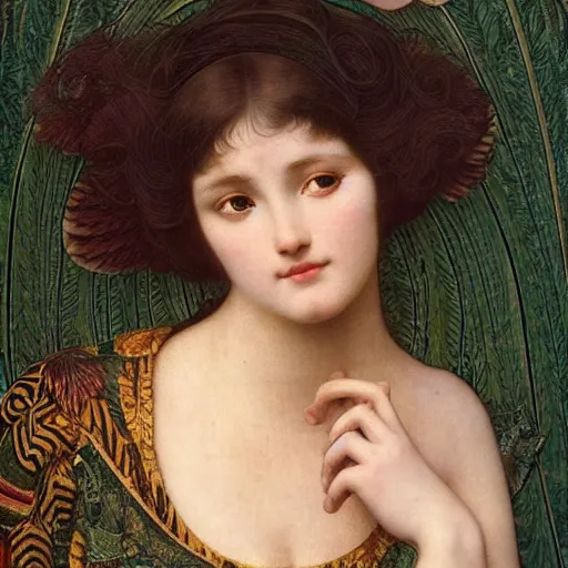 Prompt: hyperrealistic detailed portrait of an e - girl. egirl, art by ernst haeckel, john william godward, hammershøi, alphons mucha, pontormo, ornamental, decorative, art nouveau pattern, lights by hopper, pastel colours,