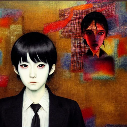 Image similar to yoshitaka amano blurred and dreamy realistic three quarter angle portrait of a young woman with short hair and black eyes wearing office suit with tie, junji ito abstract patterns in the background, satoshi kon anime, noisy film grain effect, highly detailed, renaissance oil painting, weird portrait angle, blurred lost edges