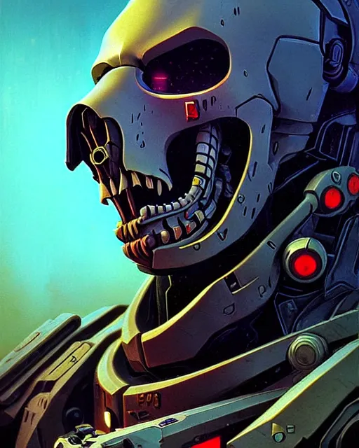 Image similar to reaper from overwatch, character portrait, portrait, close up, concept art, intricate details, highly detailed, vintage sci - fi poster, retro future, in the style of chris foss, rodger dean, moebius, michael whelan, and gustave dore