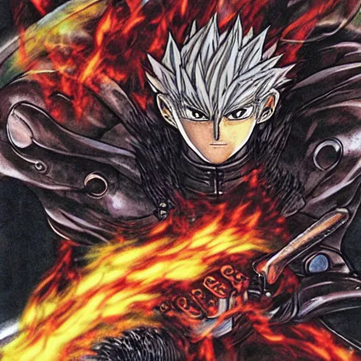 Prompt: knight driving a car, dragon blowing fire above, manga panel, ONE, Murata, Berserk