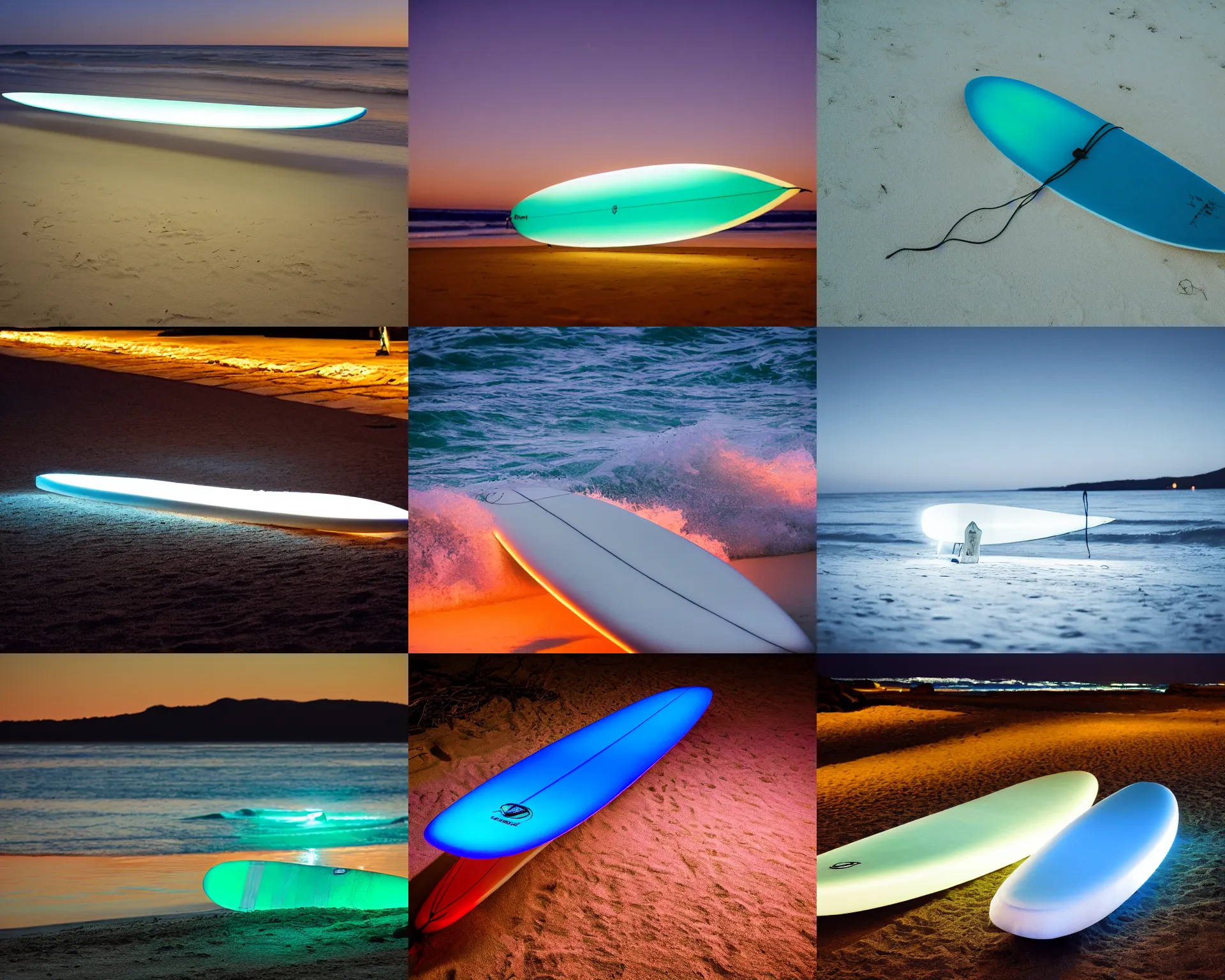 Prompt: luminescent surfboard at night