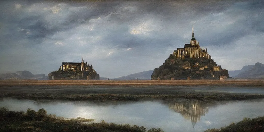 Prompt: masterpiece oil painting portraying mont saint michel but it's in the mountains in the style of romanticism landscape painters with a building on the foreground,beautiful!!!!!!!,misty!!!!!!!!!,detailed!!!!!!!,night sky,evocative,reflection in the water,photorealistic,chiaroscuro,soft lighting