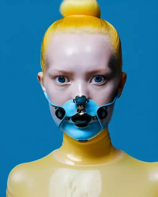 Image similar to symmetrical close - up portrait of a woman wearing a translucent silicone beauty mask and yellow hair buns, wearing a black bodysuit by alexander mcqueen, blue background, soft diffused light, biotechnology, humanoide robot, bjork aesthetic, translucent, by rineke dijkstra, intricate details, highly detailed, masterpiece,