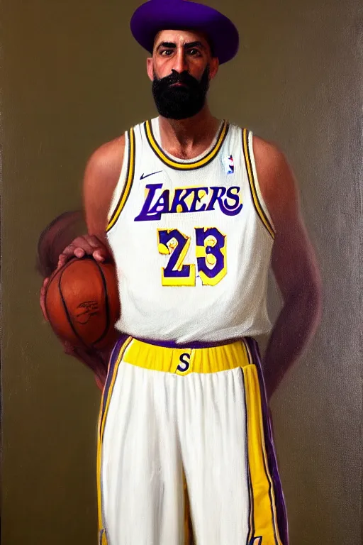 Image similar to full body portrait of the dictator of the los angeles lakers, 1 8 8 9, in full military garb, oil on canvas by william sidney mount, trending on artstation