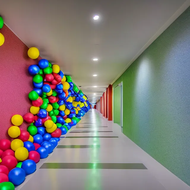 Image similar to endless corridor where the floor is made of a ball pit, highly detailed, 8 k, hdr, smooth, sharp focus, high resolution, award - winning photo