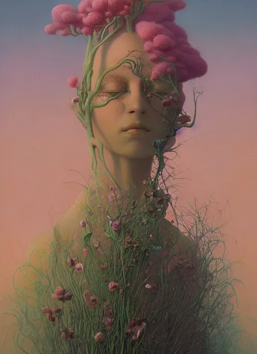 Image similar to a beautiful amazing oil painting of flora addict by zdzisław beksinski, jean delville, edmund dulac, jean giraud, ellen jewett, trending on artstation, ray tracing, featured on behance, vision of chaos, octane render