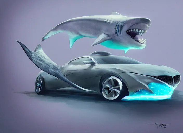 Image similar to beautiful concept design of a car that looks almost like a fish, a shark or a whale. car design by cory loftis, fenghua zhong, ryohei hase, ismail inceoglu, ruan jia, henrik fisker, bruce kaiser, scott robertson, dmitry mazurkevich, doruk erdem, and jon sibal. volumetric light