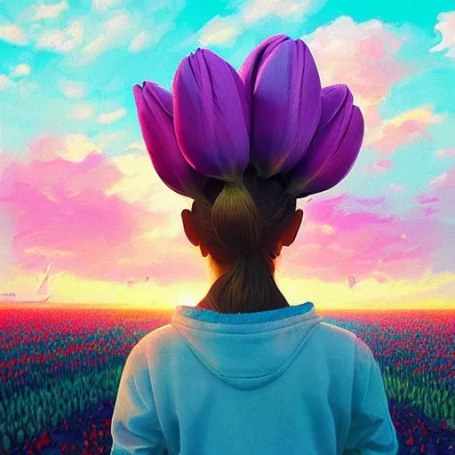 Image similar to large tulip head, girl standing in a flower field, surreal photography, sunrise dramatic light, impressionist painting, colorful clouds, digital painting, artstation, simon stalenhag