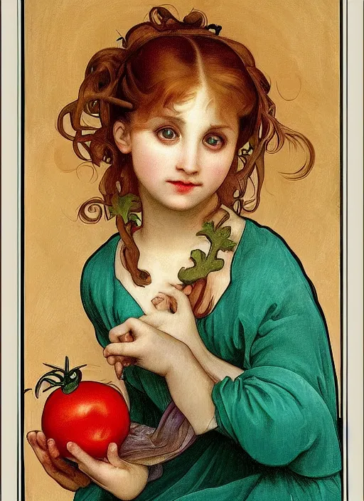 Image similar to Girl with a tomato, in the style of Raphael and Mark Ryden and Alphonse Mucha,