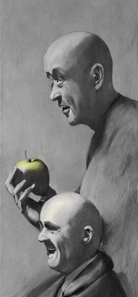 Image similar to painting of a bald man from the 1 9 3 0 looking at an apple with an amazed expression