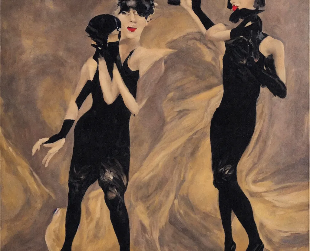 Prompt: realistic oil painting of a 1 9 2 0 s short - haired flapper woman in black satin gloves dancing in front of a stage, at a jazz band performance in a dimly lit speakeasy, jazz age, precise, wide shot, cohesive, stylistic, art deco, cinematic, low - lighting