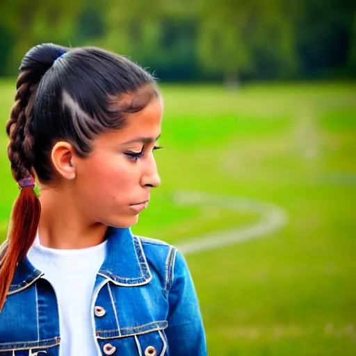 Prompt: a seven years old spanish girl plays on a great green meadow, she wears a jacket, jeans and boots, she has two ponytails, photo taken by a nikon, highly detailed, sharp focus