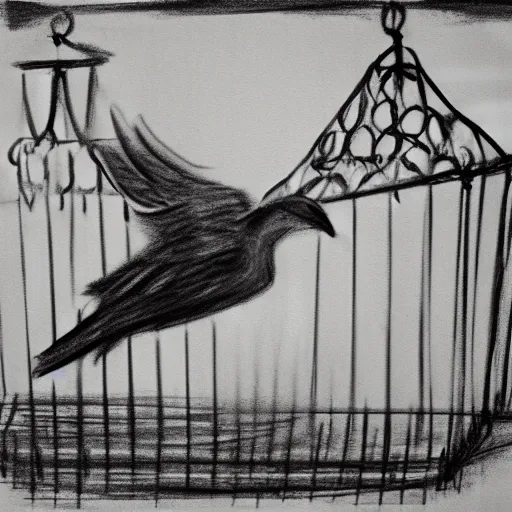 Image similar to a charcoal sketch of a flying bird in a cage, black and white, low detail