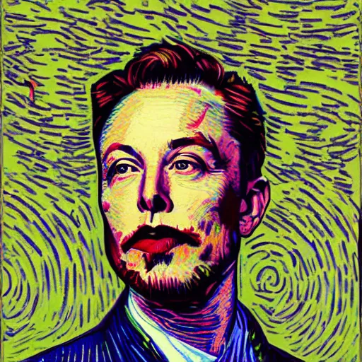 Image similar to portrait of elon musk, mashup between mc escher and vincent van gogh