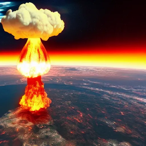 Prompt: nuclear explosion + burning mushroom cloud + hyper real + unreal engine 5 + view from space + beautiful lighting + post processing + 4k