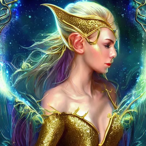 Prompt: an elven woman offering golden glitter magic that is floating into a gateway to the dream dimension, fantasy, art station, artgerm