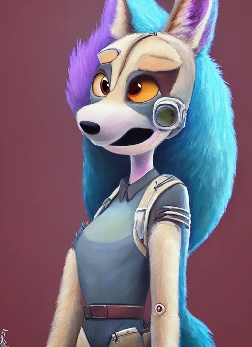 Prompt: oil painting detailed full body of anthromorphic female wolf, in style of zootopia, zootopia, zootopia, fursona, furry, furaffinity, 4 k, deviantart, furry art, fursona art, wearing astronaut outfit, in style of zootopia, wolf fursona, cyberpunk, female, expressive, detailed feminine face,