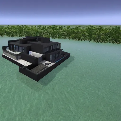 Image similar to a black modern mansion on an island by itself, award winning, 8k, ultra realistic,