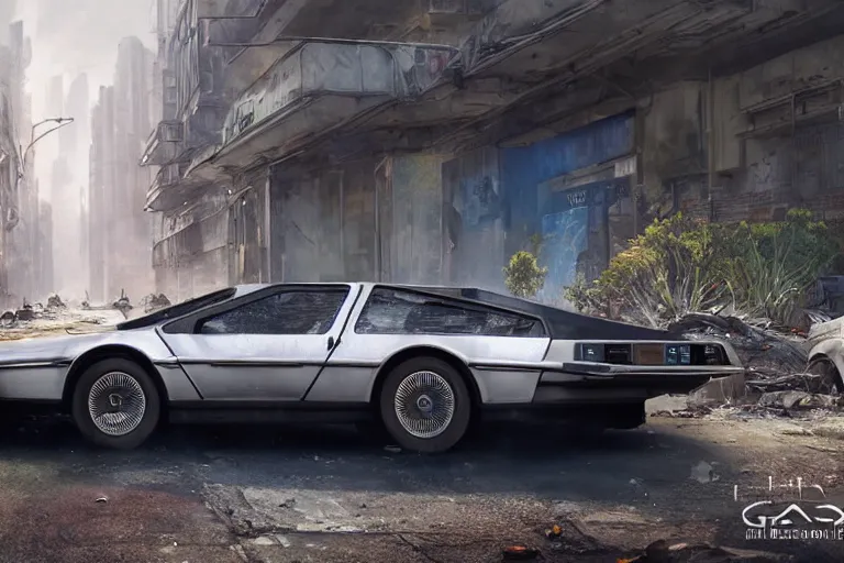 Image similar to highly detailed photorealistic rendering of a delorean parked on the streets of a cyberpunk abandoned city with the door open, futuristic post - apocalyptic vibe, by greg rutkowski and stanley artgerm and alphonse mucha, octane, sharp focus, hyperrealistic, unreal engine 5, vray, masterpiece