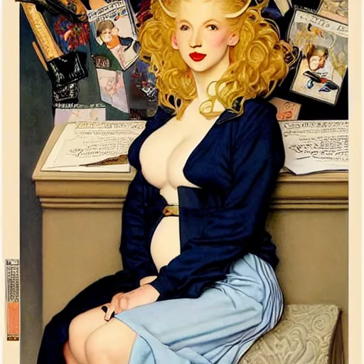 Prompt: beautiful painting of the androgynous pale blond prince Raiden with long curly blond hair, wearing a soft white poet shirt and a black miniskirt and heels, pregnancy, pinup poster by J.C Leyendecker and Norman Rockwell