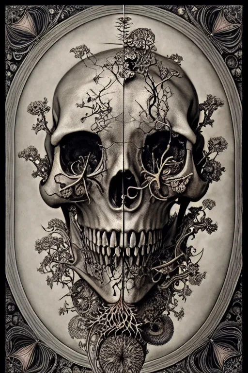 Image similar to art forms of nature by ernst haeckel, memento mori by arthur rackham, ornate antique porcelain beautiful skull mask, ultrasharp, photorealistic, hyperdetailed, octane render, polished, art nouveau, neo - gothic, gothic, intricate ornamental organic filigree, art nouveau botanicals, art forms of nature by ernst haeckel, horizontal symmetry, symbolist, visionary