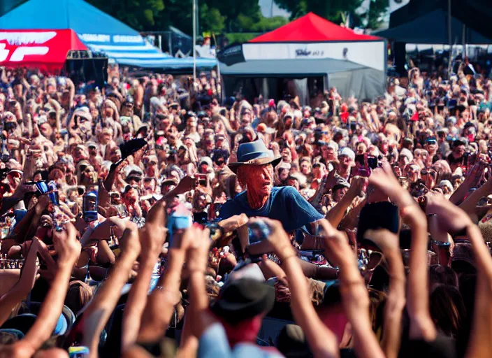 Image similar to photo still of clint eastwood on stage at vans warped tour!!!!!!!! at age 6 8 years old 6 8 years of age!!!!!!!! stage diving into the crowd, 8 k, 8 5 mm f 1. 8, studio lighting, rim light, right side key light