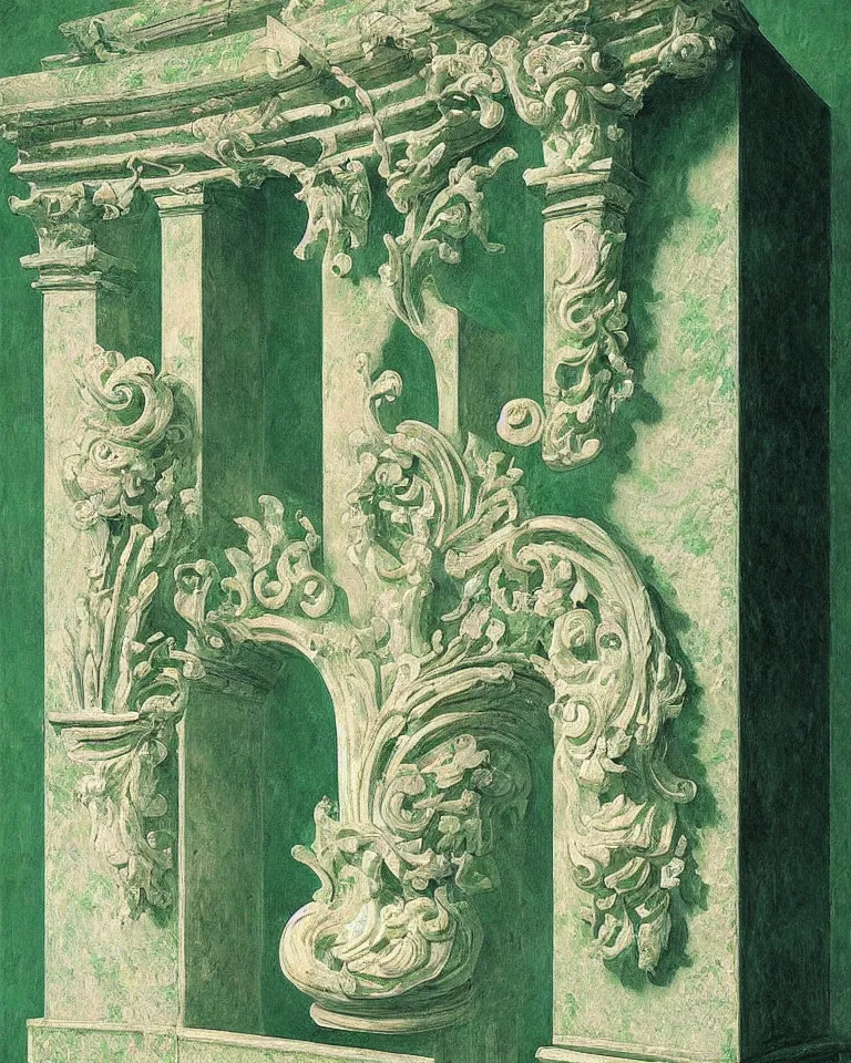 Image similar to achingly beautiful painting of intricate ancient roman corinthian capital on jade background by rene magritte, monet, and turner. giovanni battista piranesi.