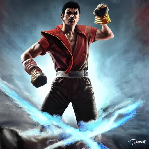 Image similar to freddy mercury as ryu street fighter, action shot, face detail, ultra realistic, concept art, intricate details, highly detailed, photorealistic, octane render, 8 k, unreal engine, art by frank frazetta, simon bisley, brom